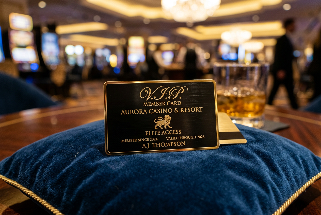 A luxury golden VIP card on a dark velvet surface